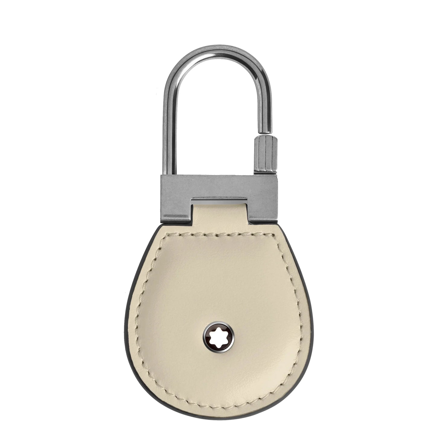 Crema portachiavi meisterstück in pelle liscia beige nuvolato con moschettone metallico argentato e logo montblanc