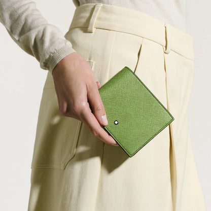Portefeuille Montblanc 8cc en cuir saffiano imprimé multicolore citron vert, orné d'un emblème circulaire noir sur le devant.