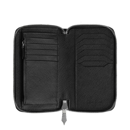 Montblanc portafoglio in pelle nera con cerniera combina stile intramontabile e dettaglio tweed blu