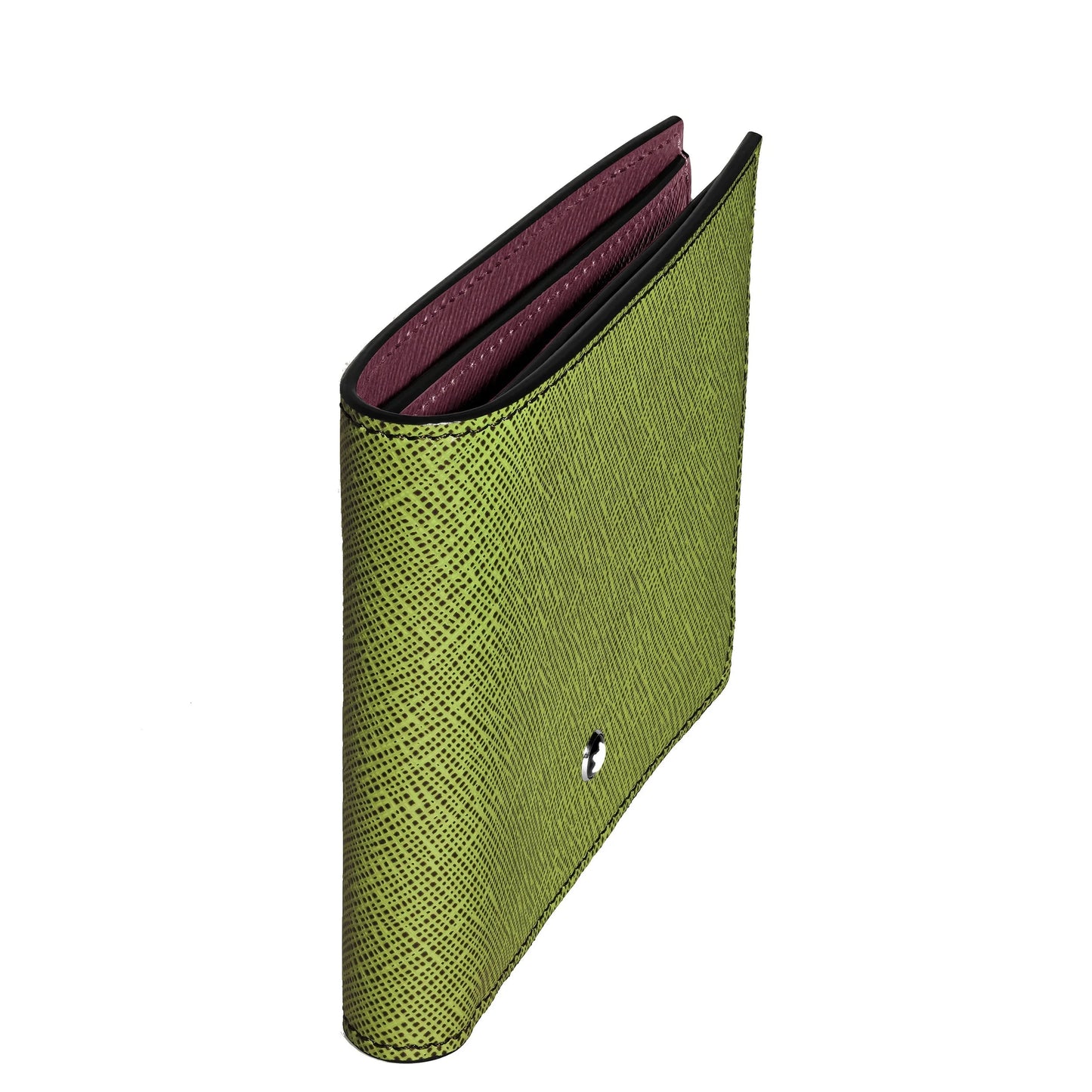 Portefeuille Montblanc à 8 compartiments en cuir vert imprimé saffiano avec intérieur bordeaux et surpiqûres noires