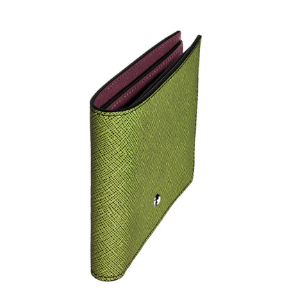 Portefeuille Montblanc à 8 compartiments en cuir vert imprimé saffiano avec intérieur bordeaux et surpiqûres noires