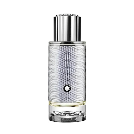Bottiglia di profumo montblanc explorer platinum da 30ml in vetro argentato con tappo metallico a coste e logo montblanc
