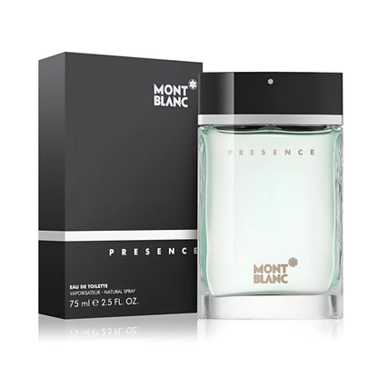Montblanc presence eau de toilette 75ml mb001a01 in bottiglia di vetro trasparente con liquido verde chiaro e tappo nero