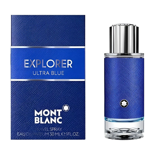Montblanc explorer ultra blue eau de parfum 30ml in flacone blu vibrante con tappo argento e confezione abbinata