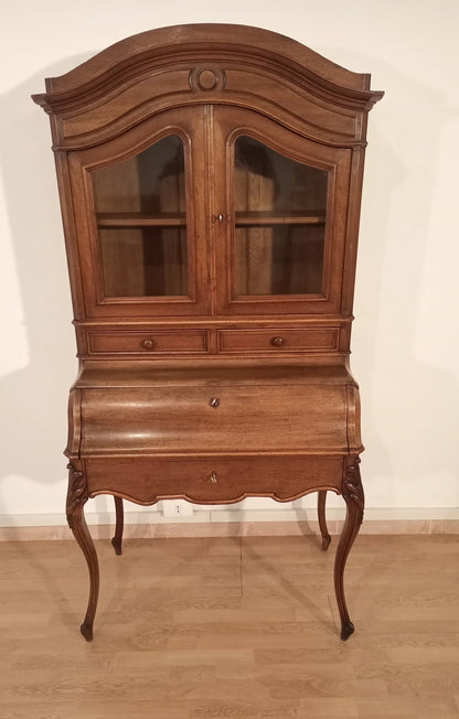 Credenza scrittoio in rovere massello ottocento con gambe curve e vetrina restaurata XIX secolo