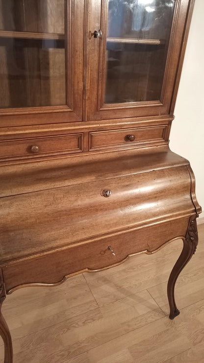 Credenza scrittoio in rovere massello con ante in vetro e gambe curve restaurata ottocento xix secolo