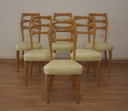 Set di 6 sedie da pranzo vittorio dassi anni 50 con sedute cream in legno mid century moderno da dario raia antiquariato