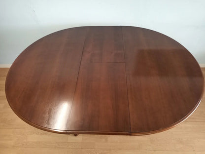 Tavolo tondo allungabile stile luigi filippo in legno con finitura marrone lucida perfetto per casa vintage anni 1970