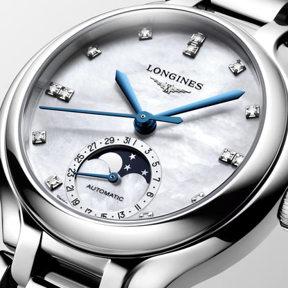 Montre Longines Primaluna Phase de Lune 34 mm Nacre Diamants Automatique Acier L8.126.4.87.6