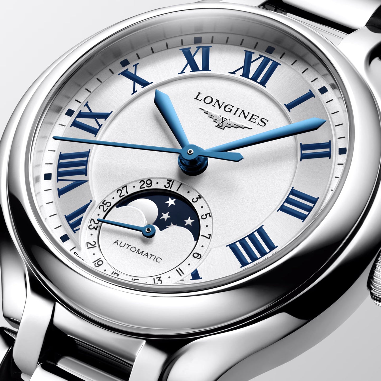 Longines montre Primaluna Moonphase 34mm argent automatique acier L8.126.4.71.6