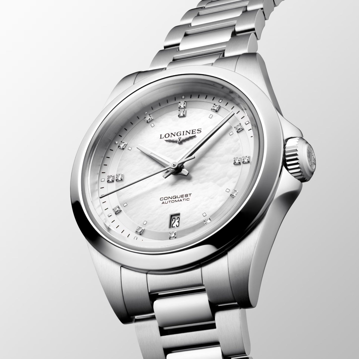 Longines montre Conquest 30mm nacre diamants automatique acier L3.320.4.87.6