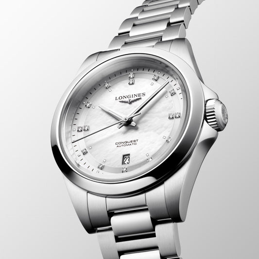 Longines montre Conquest 30mm nacre diamants automatique acier L3.320.4.87.6