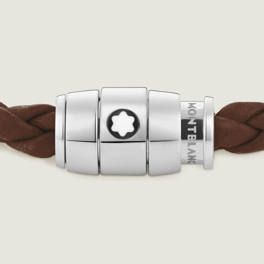 Bracelet Montblanc 3 anneaux en acier et bracelet Meisterstück en cuir fauve marron, taille L, référence 13600268