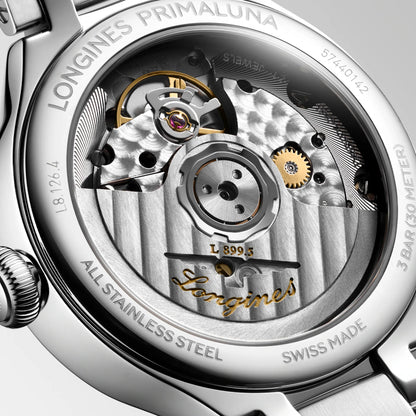 Longines montre Primaluna Moonphase 34mm argent automatique acier L8.126.4.71.6