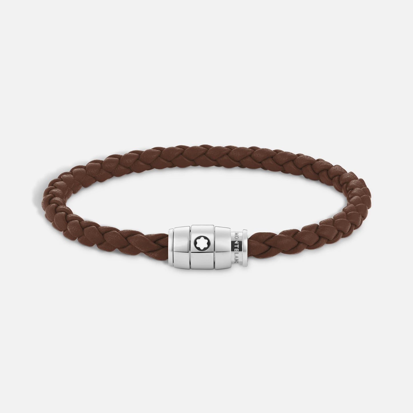 Bracelet Montblanc à 3 anneaux en acier et bracelet Meisterstück en cuir fauve marron, taille M, référence 13600163