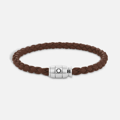 Bracelet Montblanc à 3 anneaux en acier et bracelet Meisterstück en cuir fauve marron, taille M, référence 13600163