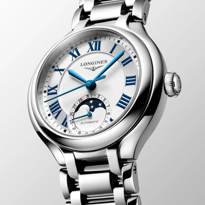 Longines montre Primaluna Moonphase 34mm argent automatique acier L8.126.4.71.6