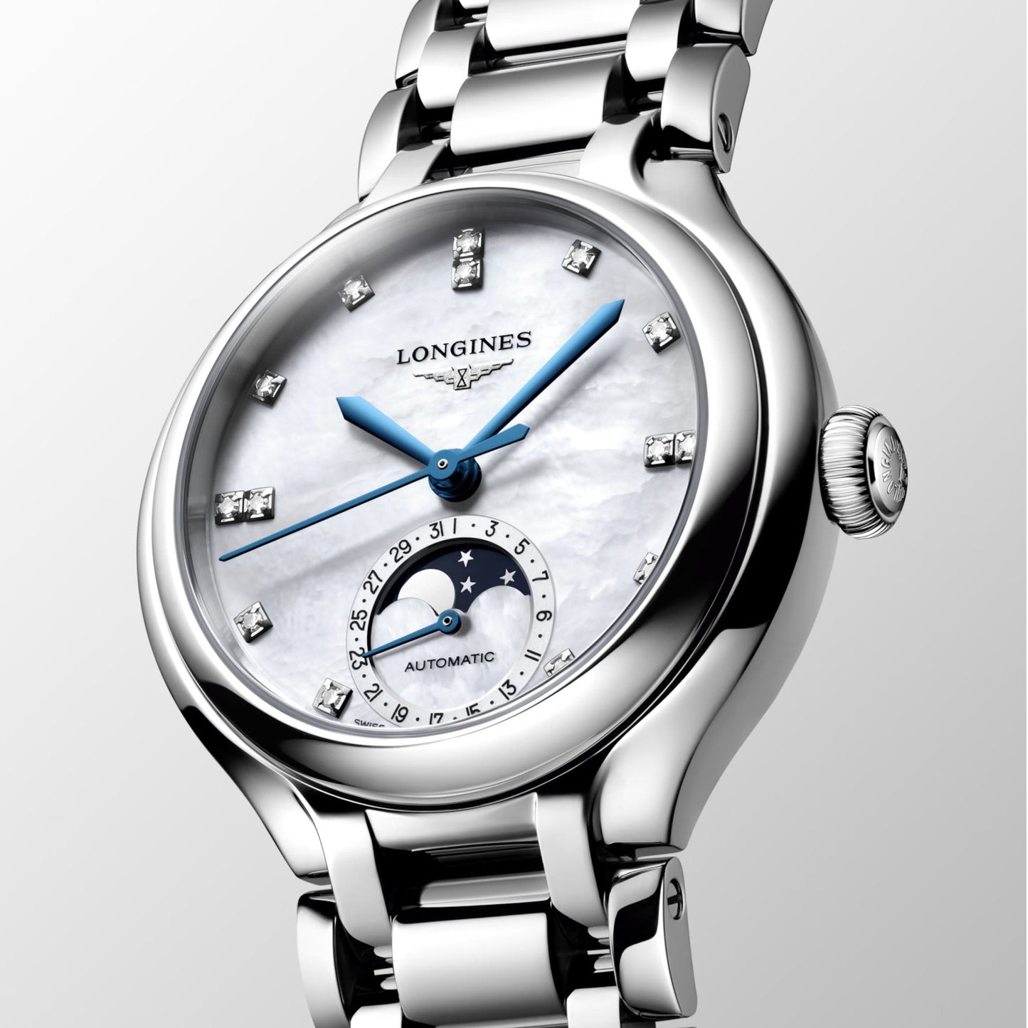 Montre Longines Primaluna Phase de Lune 34 mm Nacre Diamants Automatique Acier L8.126.4.87.6
