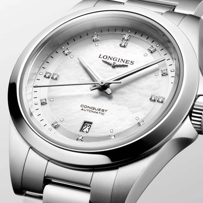 Longines montre Conquest 30mm nacre diamants automatique acier L3.320.4.87.6